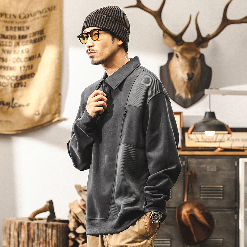 美式復古350g重磅針織衛衣男秋季潮流痞帥設計感軟磨拼接POLO衫男