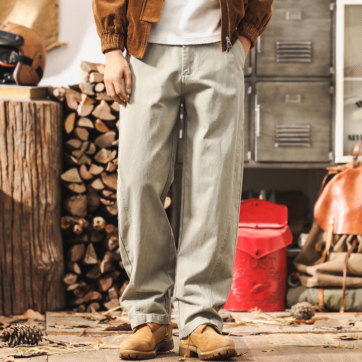 美式復古淺灰色工裝褲子男2025新款春秋闊腿長褲男寬鬆直筒休閒褲