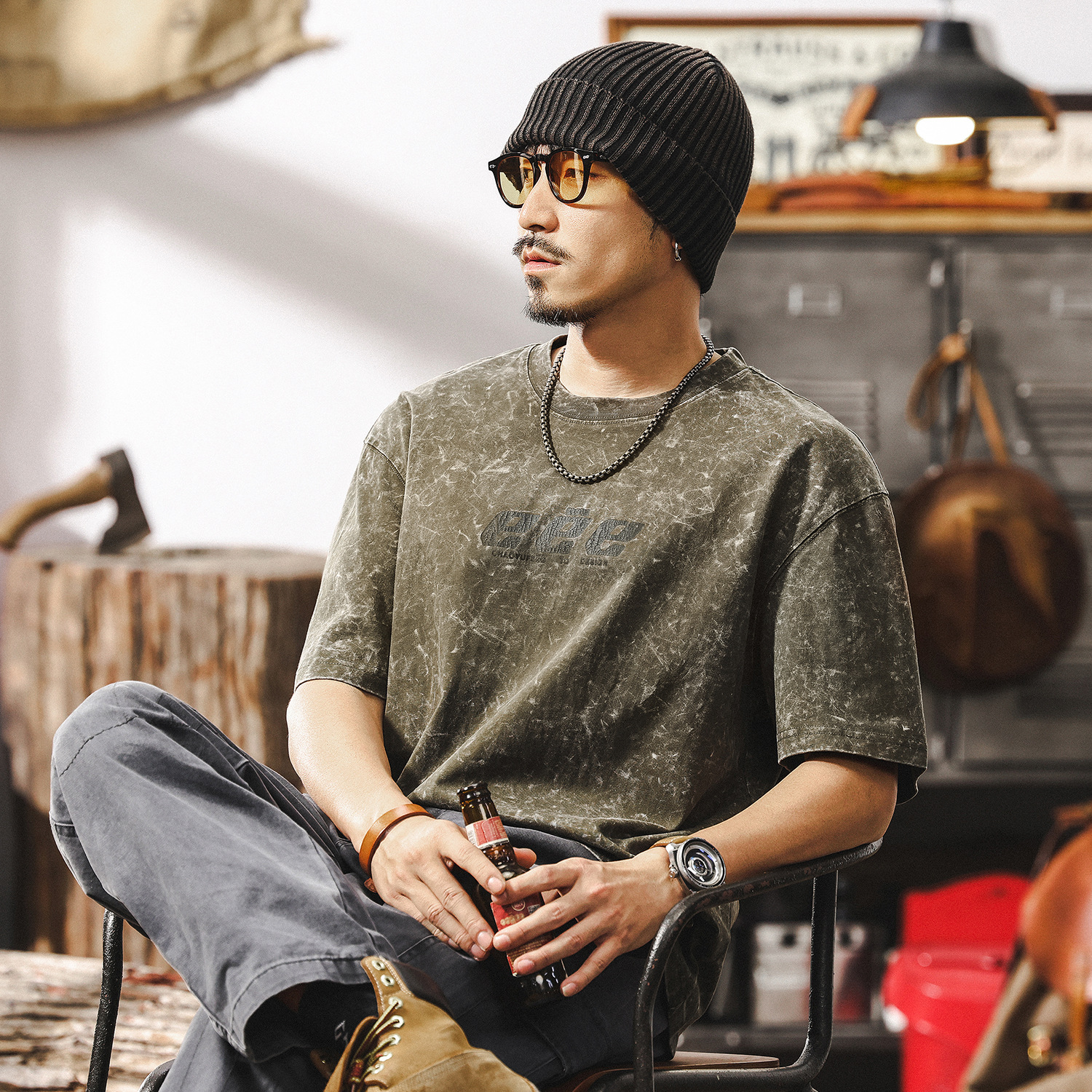 美式復古雪花做舊水洗T恤男夏季短袖2025新款潮牌寬鬆上衣男