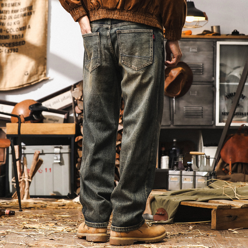 美式經典重磅牛仔褲男秋季wear2024新款復古加厚棕色水洗直筒休閒長褲