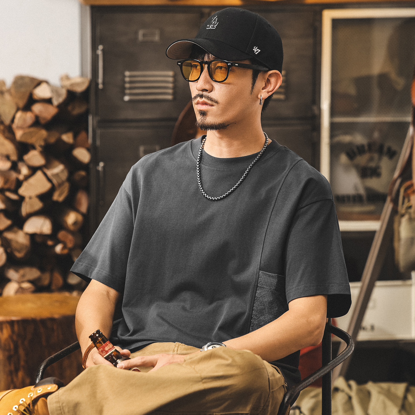 美式高級質感短袖男士T恤夏季新款潮牌拼接撞色上衣T寬鬆男裝體恤