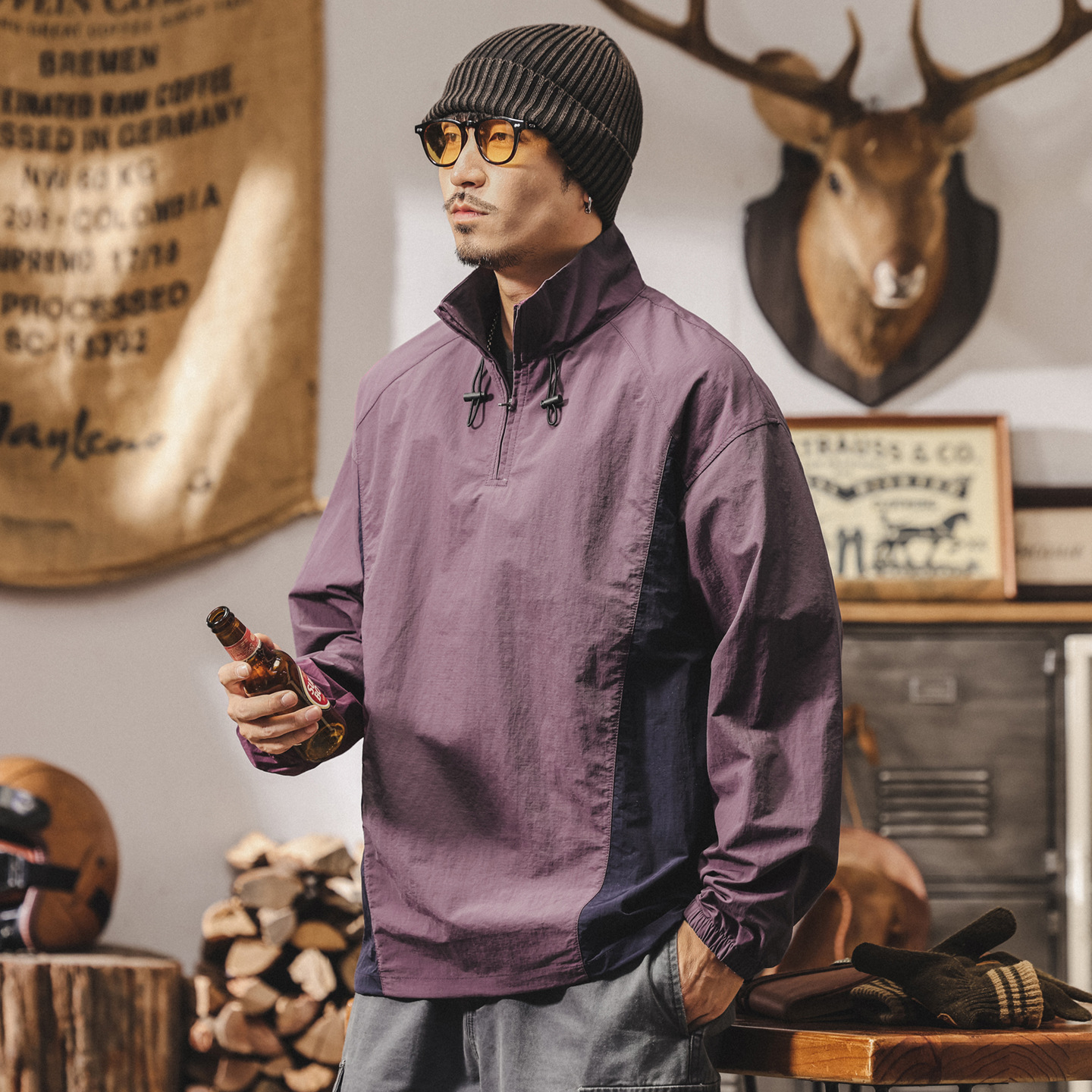 戶外速幹長袖t恤男秋季2025新款寬鬆潮流撞色拼接半拉鍊運動上衣