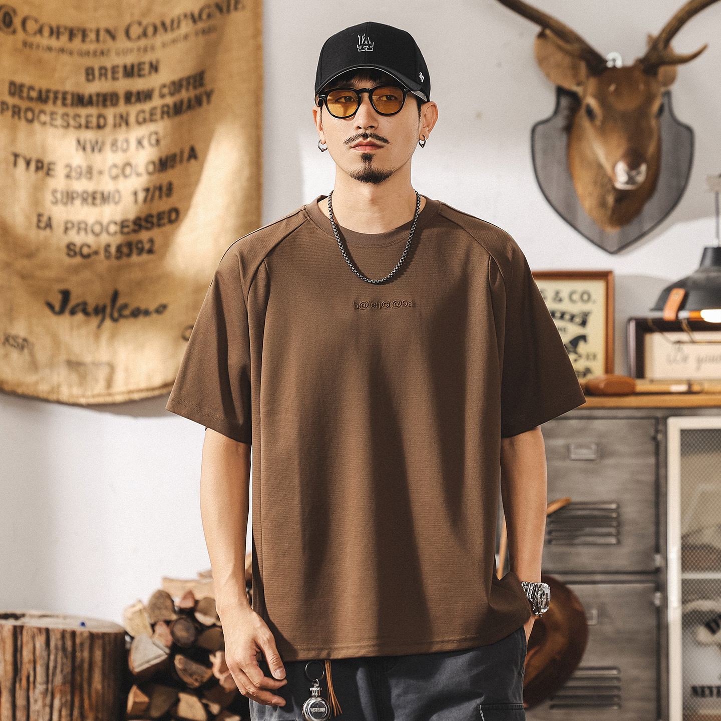 美式復古薄款T恤男士短袖夏季新款潮牌男裝寬鬆休閒半袖刺繡上衣T