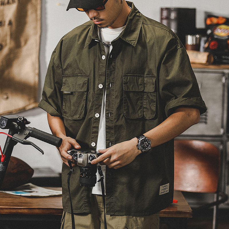 美式復古工裝襯衫男短袖夏季水洗做舊廓形寬鬆日系大碼襯衣男上衣