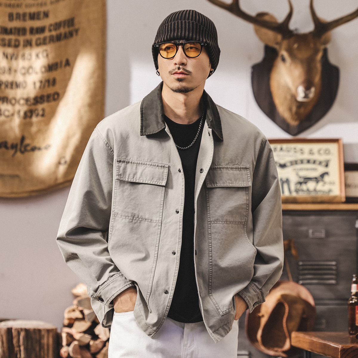 美式復古重磅工裝外套男春秋寬鬆潮牌男士硬漢休閒秋季教練夾克潮