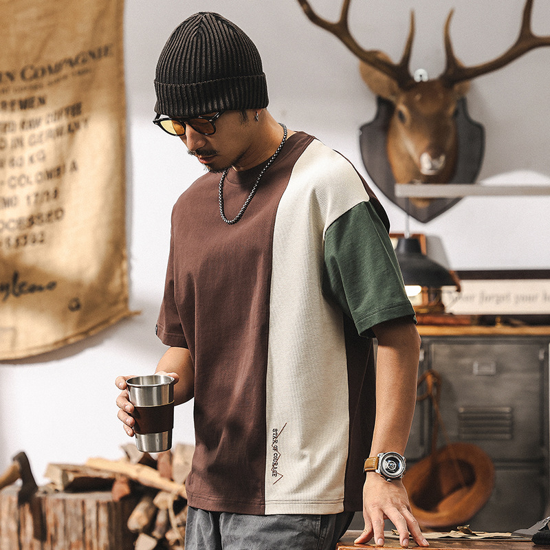 250g重磅T恤男美式復古2025新款潮流拼色短袖男夏季寬鬆男士上衣T