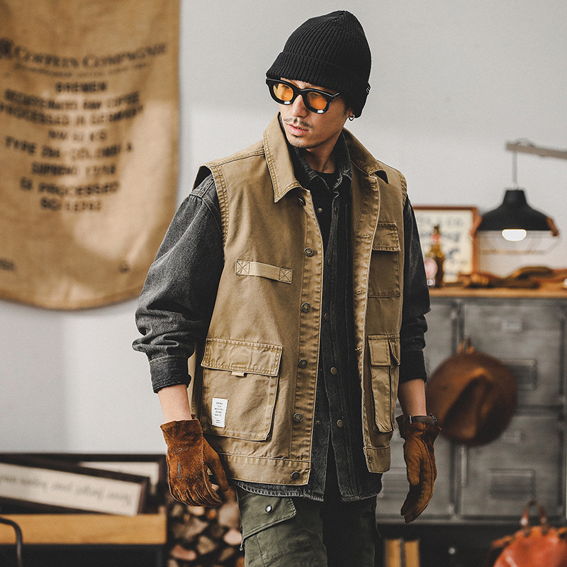 美式重磅复古工装夹克男春季钓鱼户外战术机能多口袋工装马甲外套