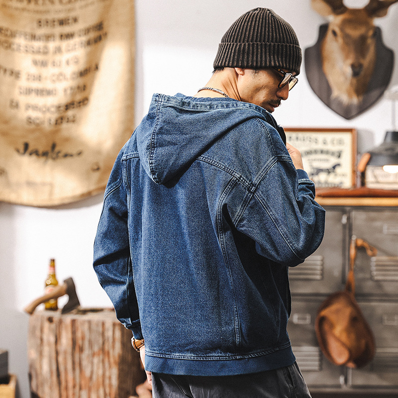 美式復古丹寧水洗藍色牛仔外套男秋季寬鬆潮流男生工裝連帽夾克男