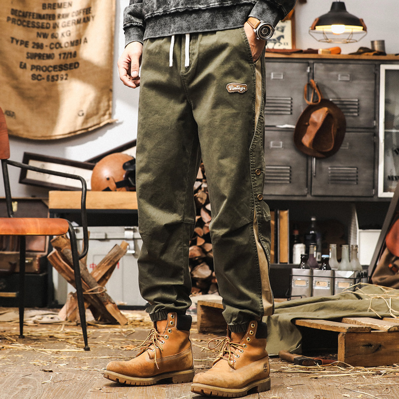 美式復古工裝褲子男秋季2024新款寬鬆大碼休閒褲男撞色潮流束腳褲