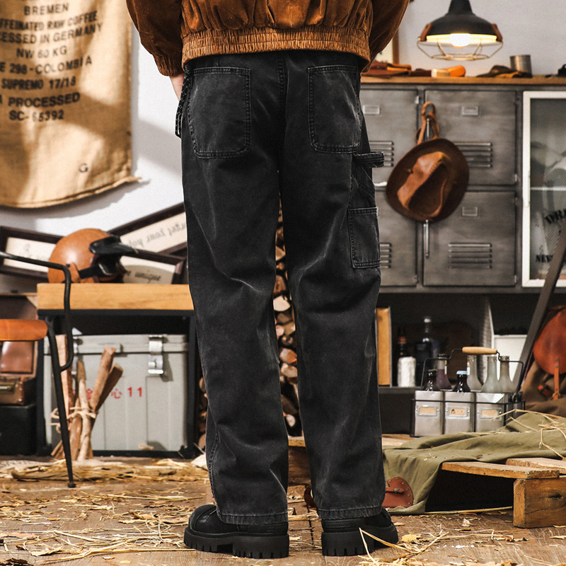 美式復古工裝牛仔褲男秋季寬鬆休閒褲2024新款潮流潑墨直筒褲子男