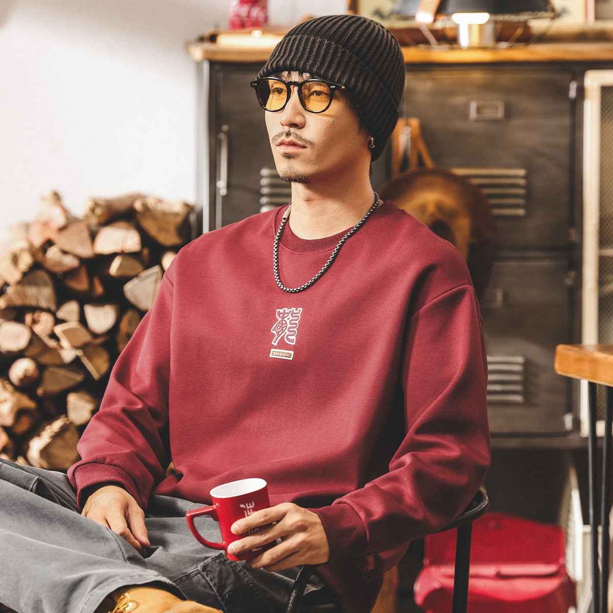 美式復古320g重磅衛衣男春秋新款2025潮牌寬鬆休閒長袖紅色上衣男