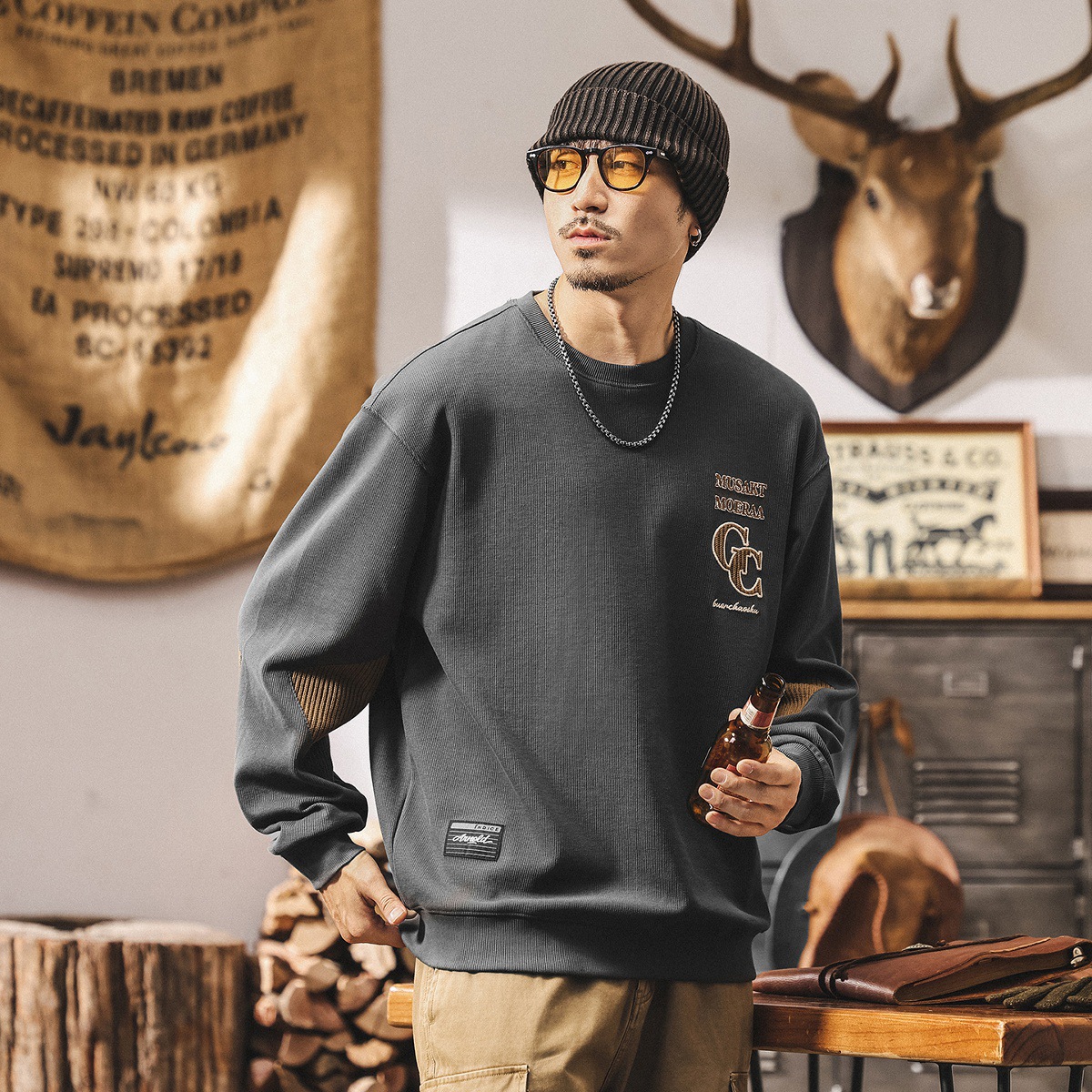 美式復古重磅衛衣男春秋新款潮牌寬鬆休閒上衣秋季圓領長袖t恤男