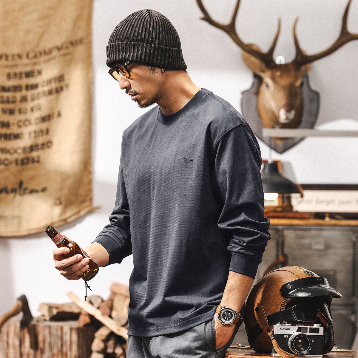 美式潮牌簡約T恤男長袖春季2025新款寬鬆圓領內搭打底衫休閒上衣T