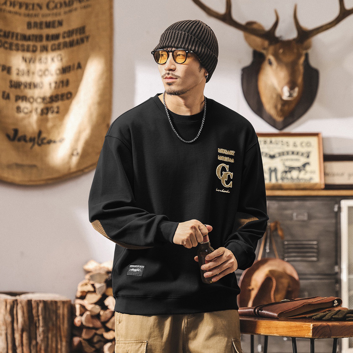 美式復古重磅衛衣男春秋新款潮牌寬鬆休閒上衣秋季圓領長袖t恤男