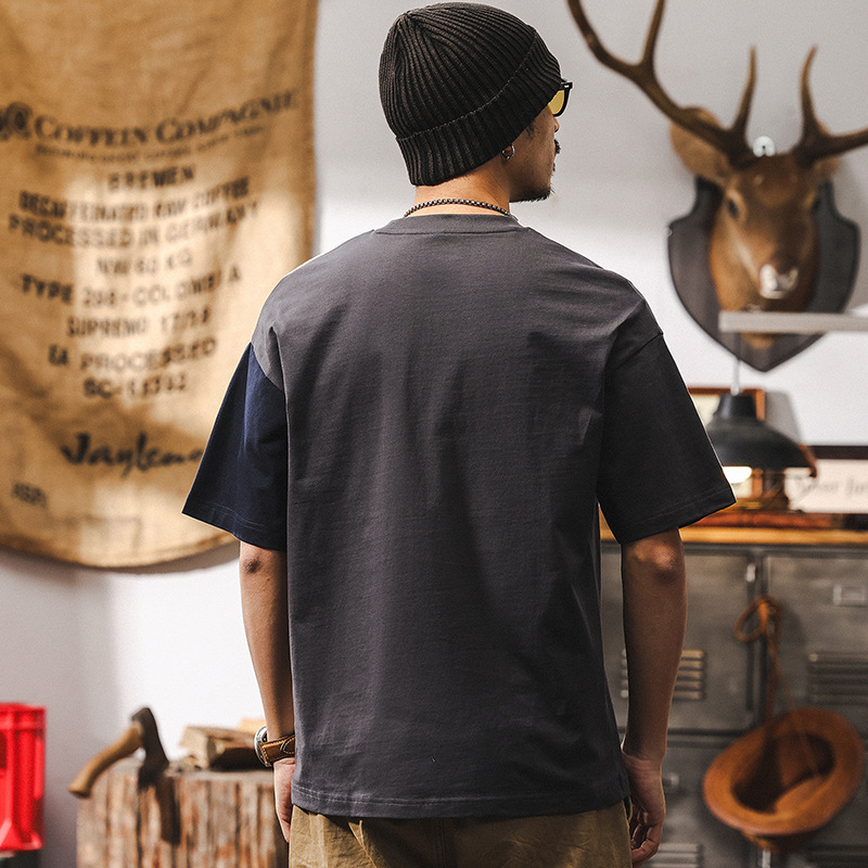 拼色設計感短袖男夏季2025新款美式復古250g重磅T恤男寬鬆上衣男