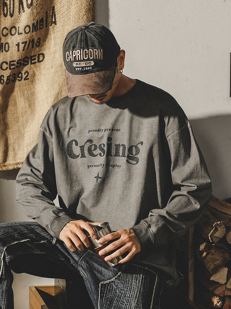 杰雷諾2024春季新款長袖T恤男美式重磅做舊上衣寬鬆打底衫男