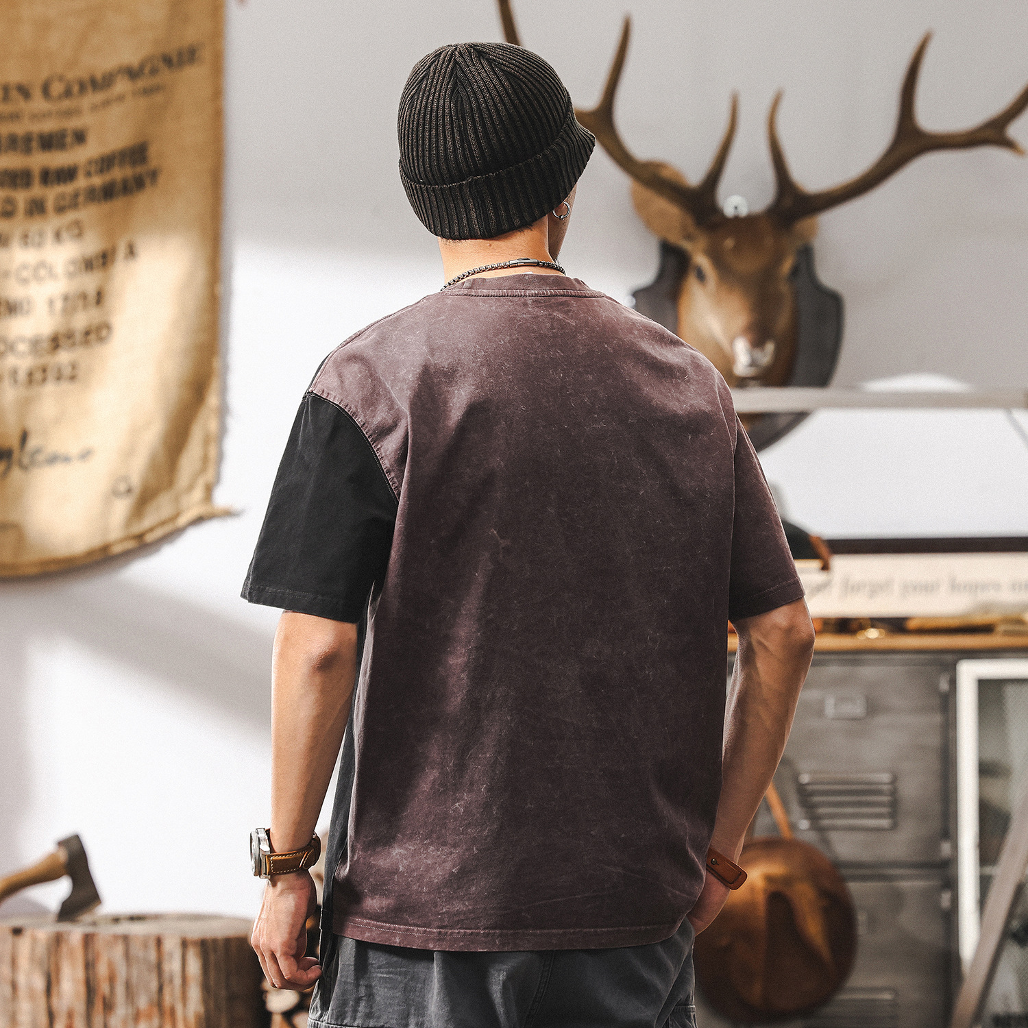 美式復古260g重磅T恤男潮牌短袖男夏季寬鬆拼接紫色男士印花上衣T