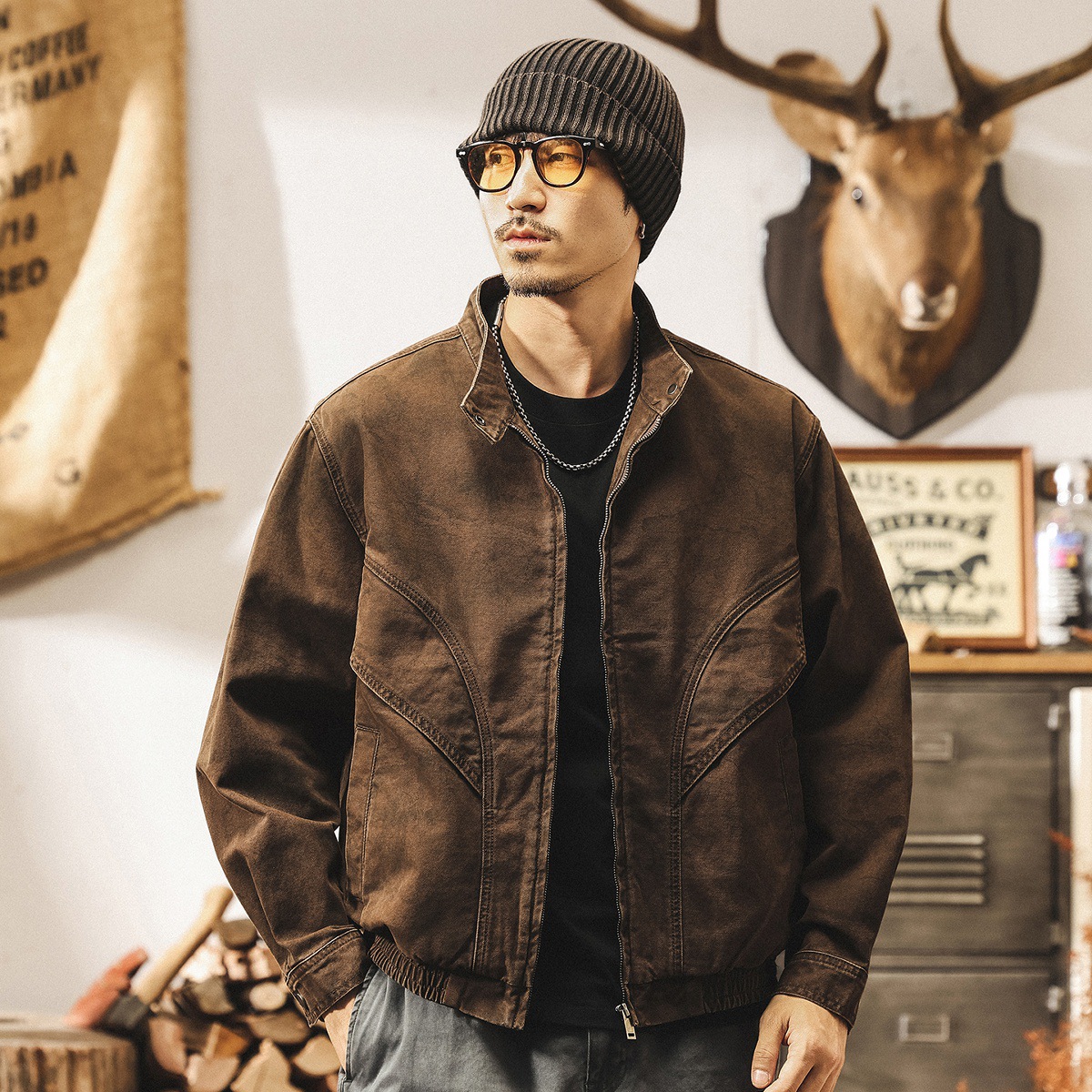 美拉德復古工裝外套男秋春新款飛片結構髒染做舊寬鬆美式機車夾克