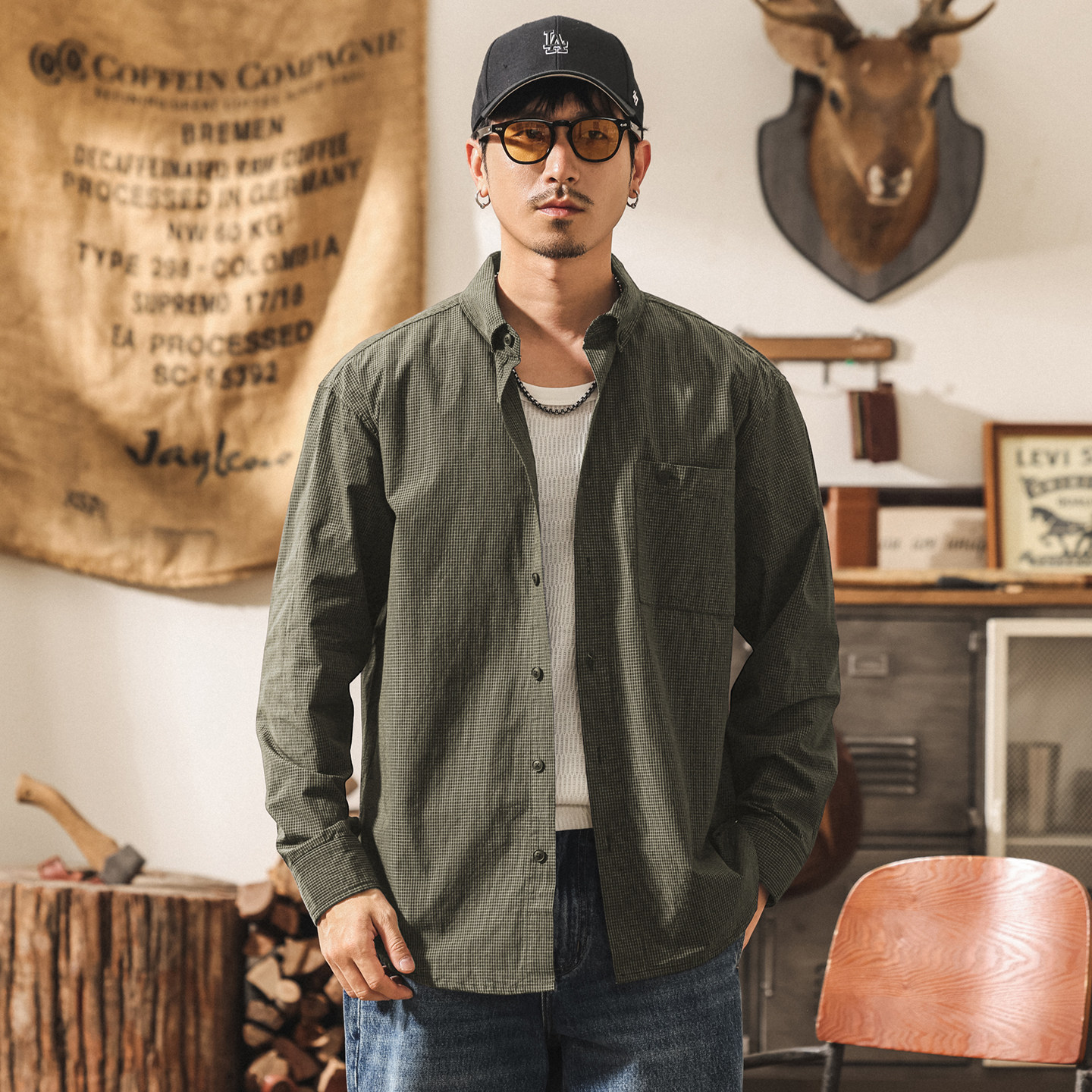 美式復古老錢風薄款千鳥格襯衫男款春季潮流長袖襯衣男士寬鬆外套