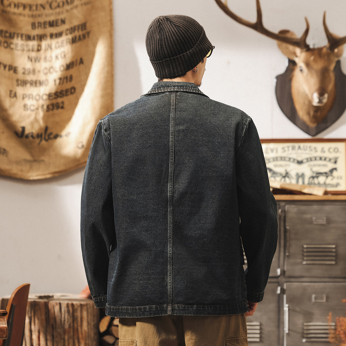 美式復古阿美咔嘰休閒牛仔西裝外套男春秋重工水洗工裝夾克西服男