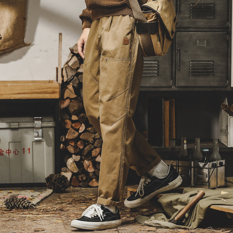 美式重磅工裝褲子男寬鬆直筒休閒褲秋冬款潮流水洗做舊雙膝伐木褲