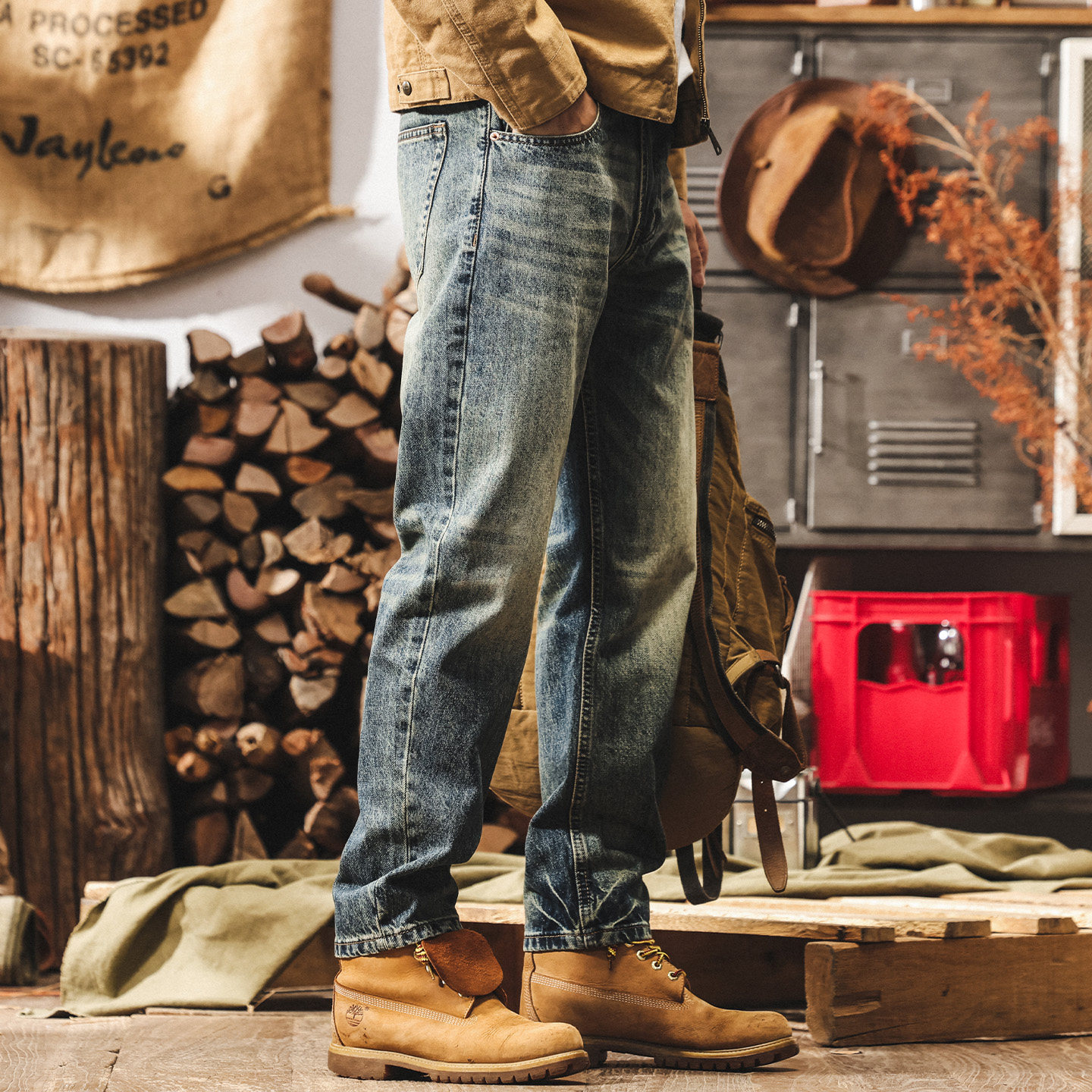 美式12.5盎司重磅牛仔褲男寬鬆直筒復古黃泥染水洗秋冬休閒長褲子