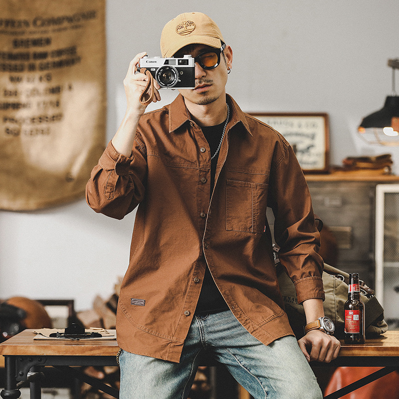 美式復古長袖襯衫男美式工裝潮牌獵裝上衣男寬鬆襯衣男士春季外套