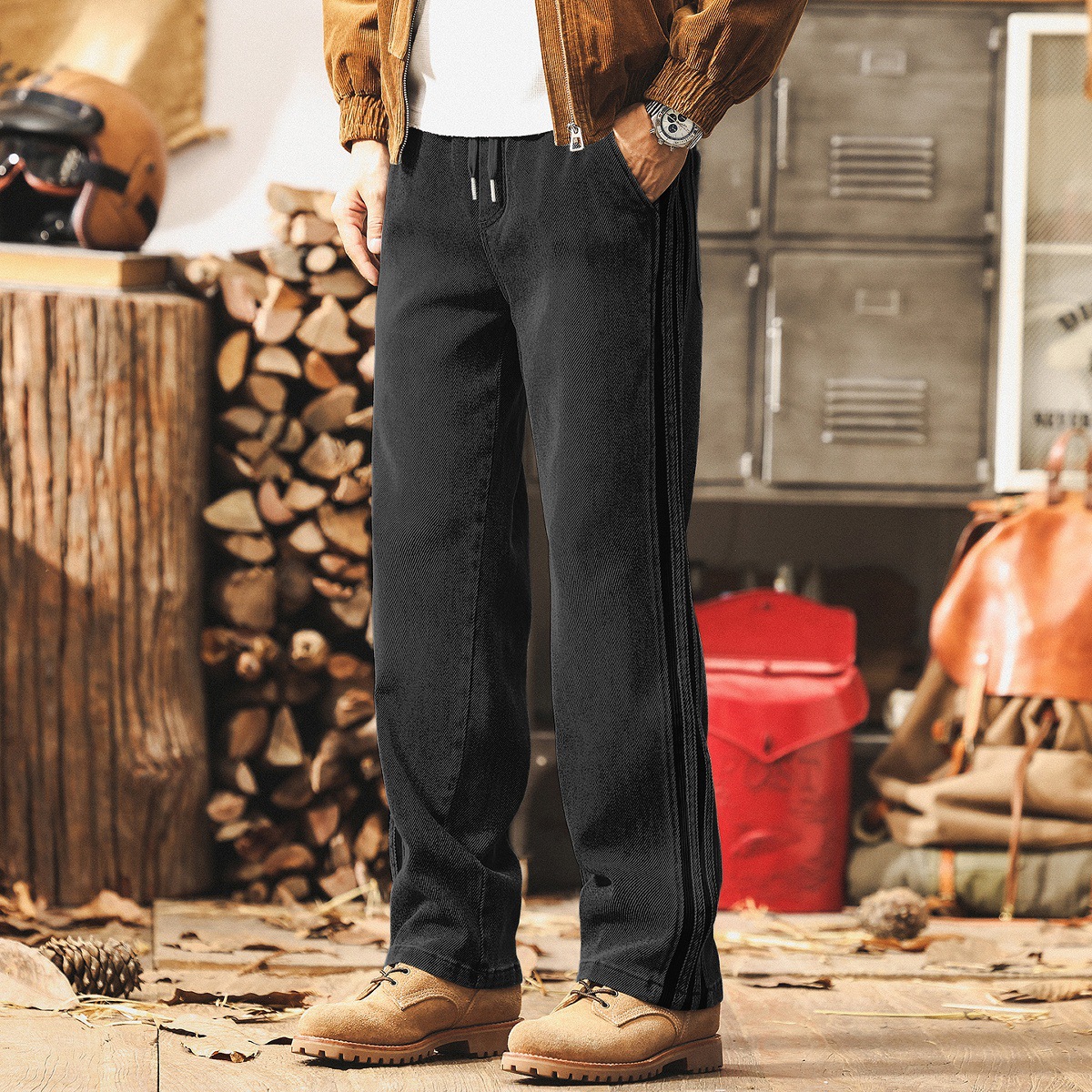 美式復古拼接三條槓牛仔褲男款秋季潮牌設計感寬鬆直筒男士休閒褲