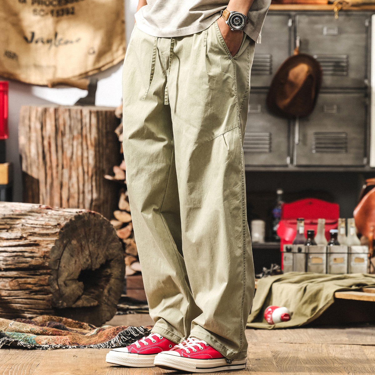 美式復古寬鬆闊腿休閒褲男士夏季新款直筒褲子拼接潮牌工裝束腳褲