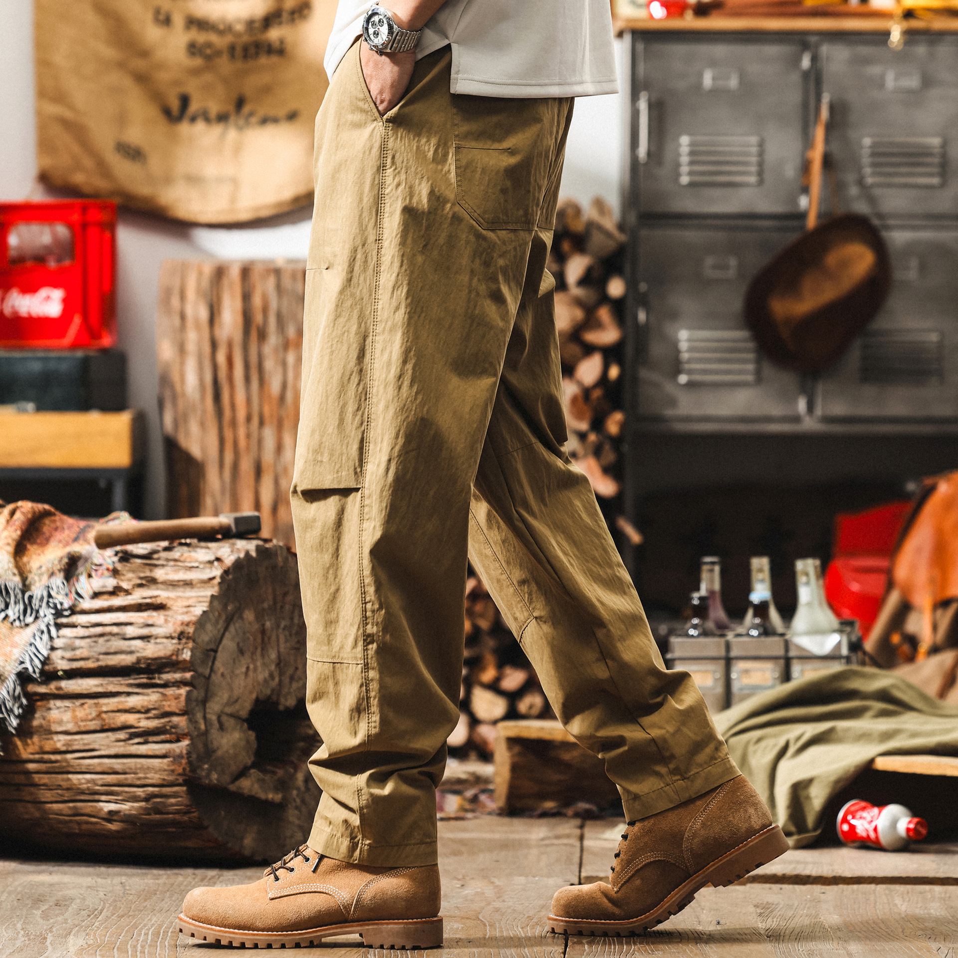 美式復古卡其色薄款工裝褲子男夏季寬鬆闊腿褲潮牌直筒男士休閒褲