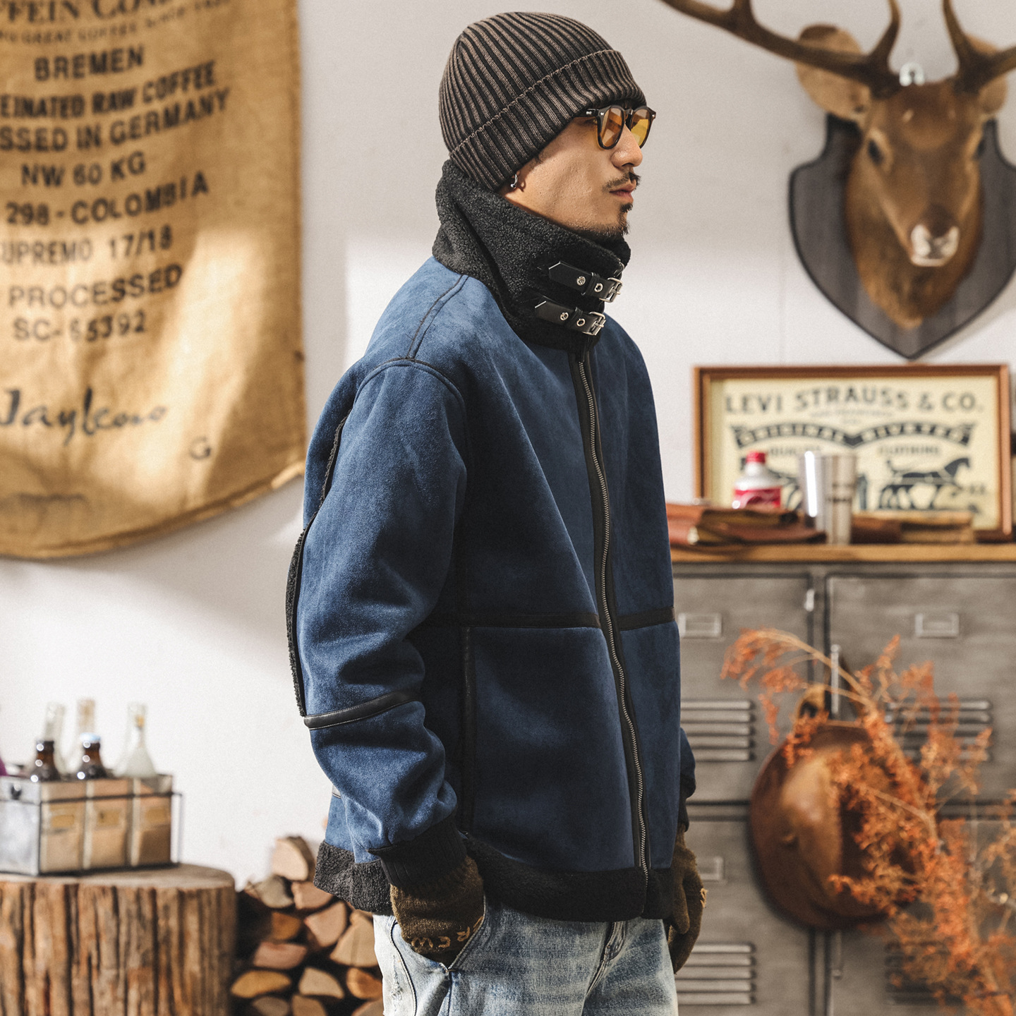 荒絨雙面穿復古皮毛一體棉服外套男冬季加厚保暖棉襖搖粒絨棉衣男