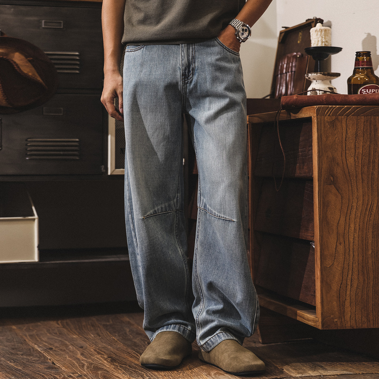 美式復古彎刀牛仔褲男士春季2026新款重磅潮流休閒褲男寬鬆闊腿褲