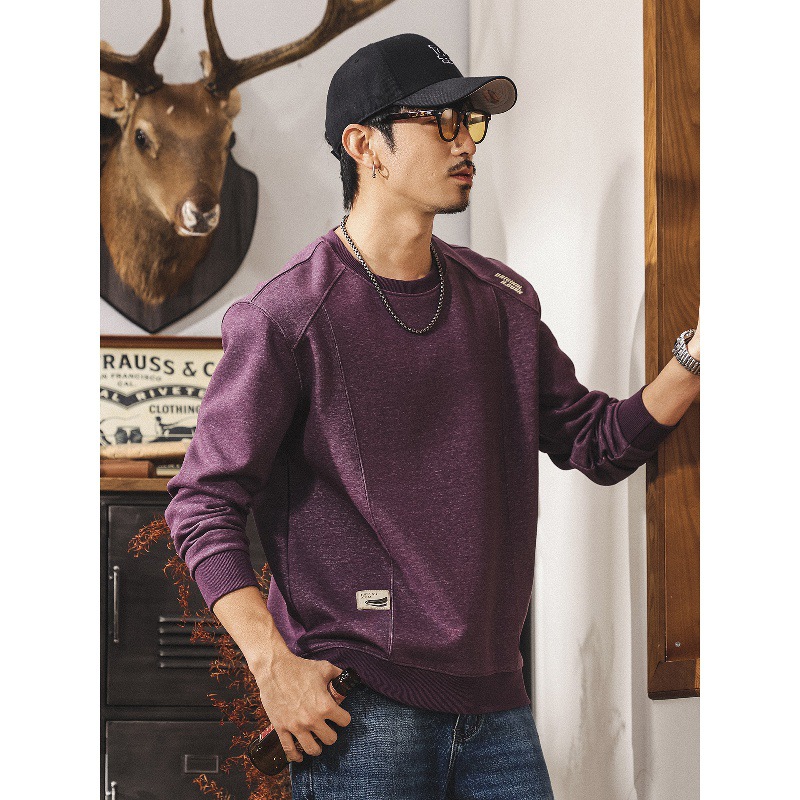 美式復古紫色衛衣男春秋2025新款拼接潮流長袖t恤男寬鬆秋季上衣