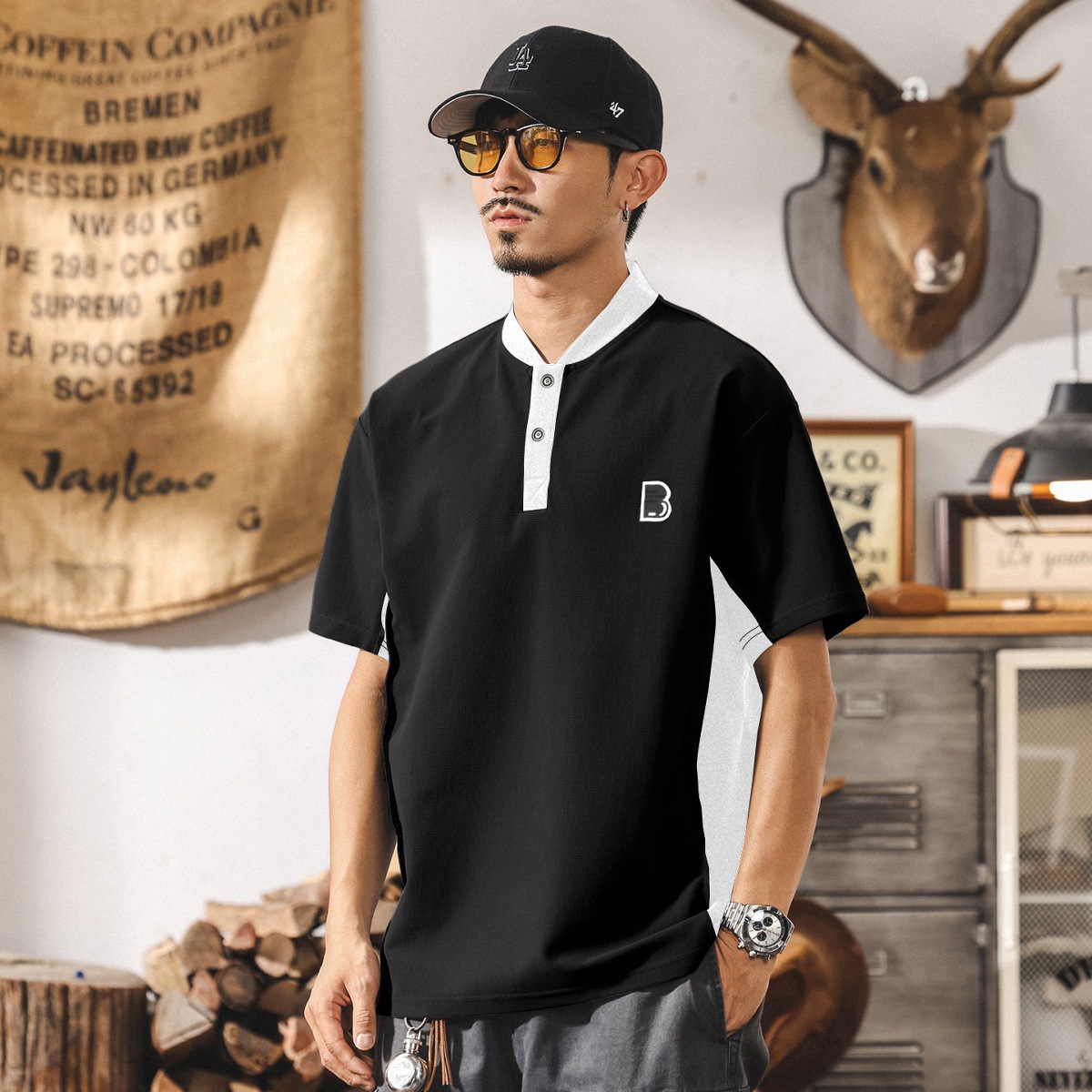 美式復古潮流撞色亨利領短袖t恤男夏季潮牌Polo衫男款寬鬆上衣潮T