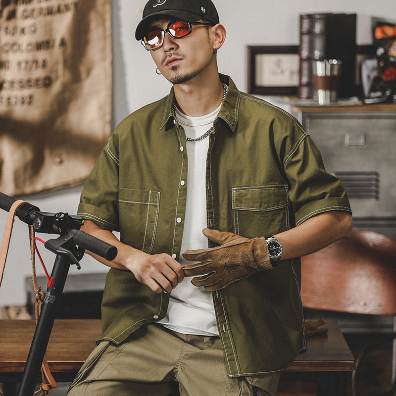 杰雷諾美式復古水洗工裝襯衫男半袖夏季新款寸衫短袖襯衣男款