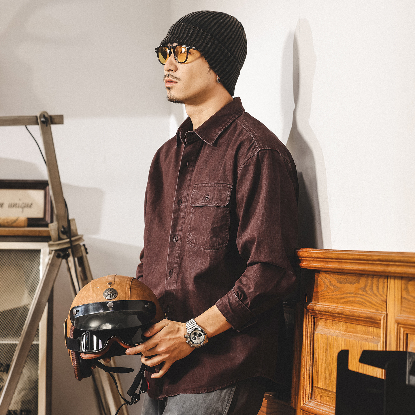 美式復古酵素水洗牛仔外套男春秋2025新款工裝襯衫男長袖寬鬆襯衣