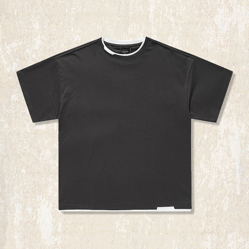 雙紗爽滑棉重磅假兩件T恤男短袖夏季潮牌設計感半截袖美式衣服男