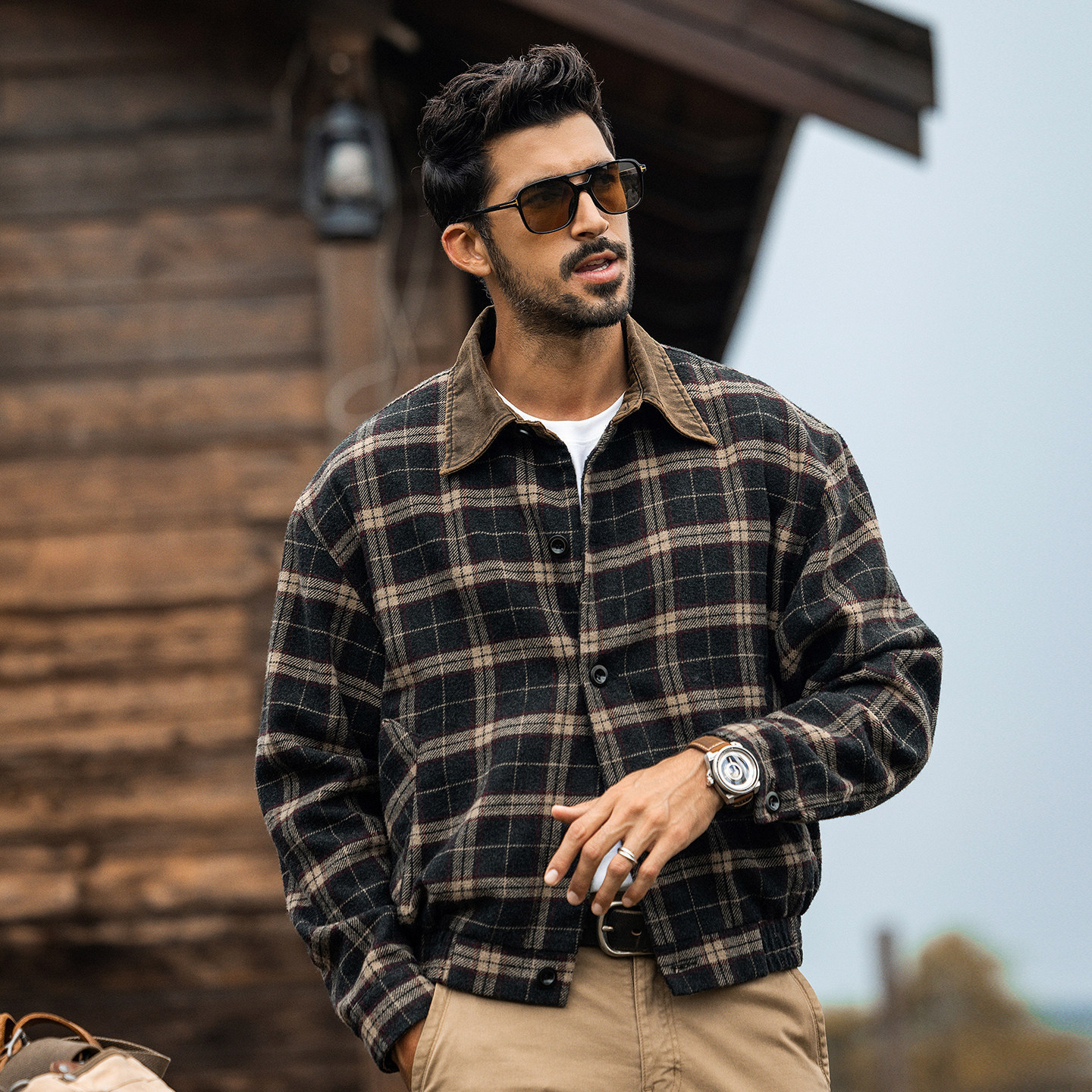 美式復古老錢風格紋夾克男春季2026潮牌重磅綿羊毛寬鬆短款外套男