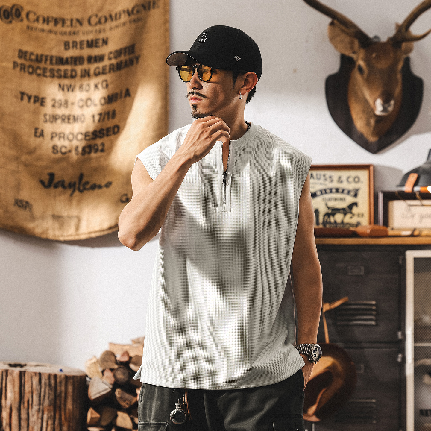 夏季新款半拉鍊痞帥運動健身背心男寬鬆潮牌華夫格肌理感男士T恤