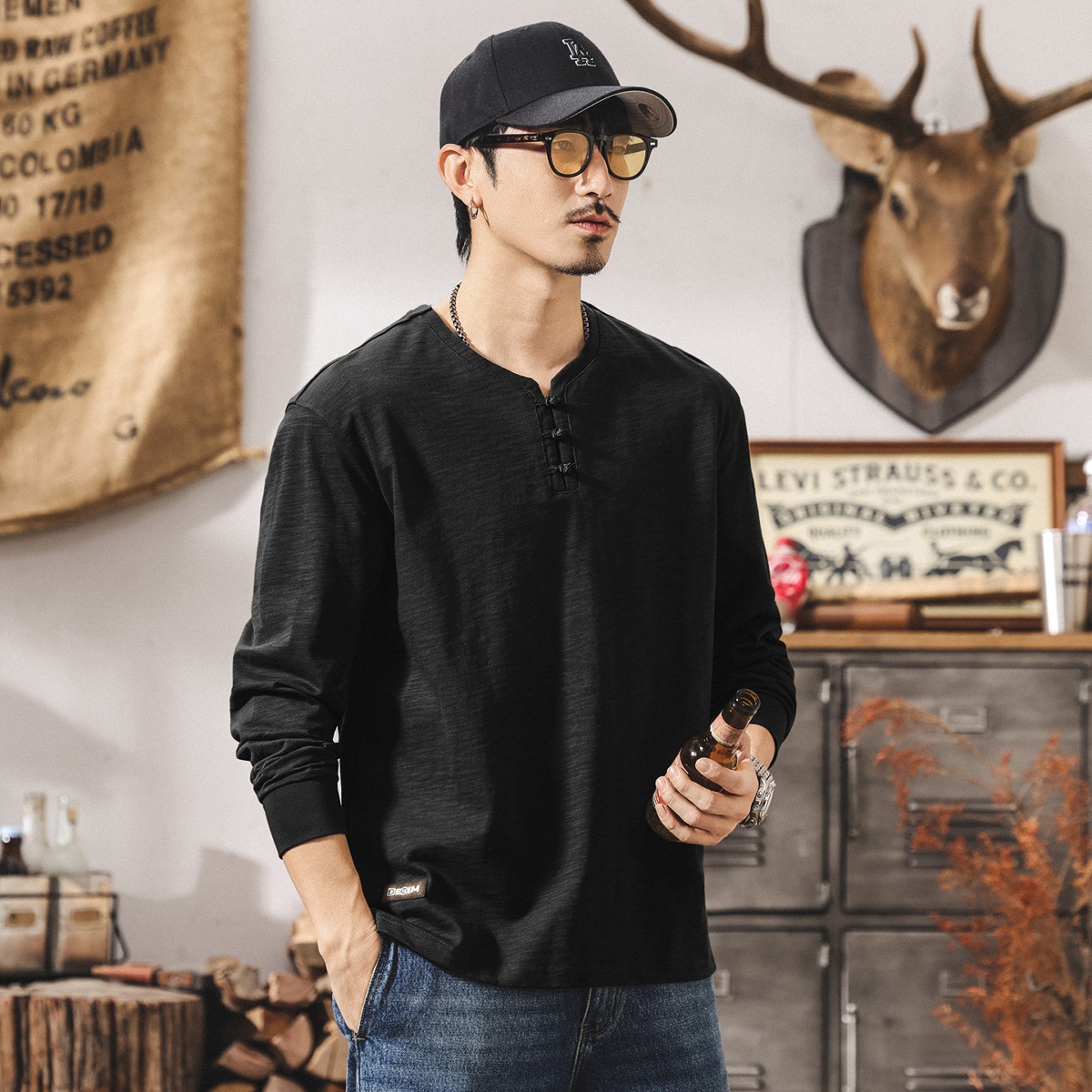 中式古風復古竹節棉t恤男長袖春秋新款潮牌寬鬆亨利領男士Polo衫