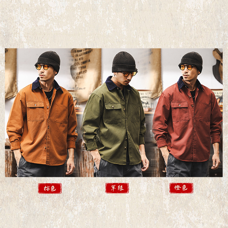 16支磨毛工裝襯衫男春季2025新款美式復古戶外阿美咔嘰襯衣男