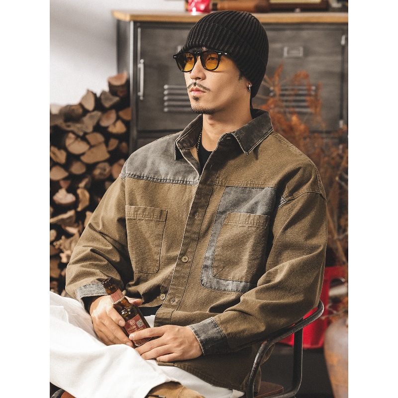 美式復古做舊工裝襯衫外套男春秋2025新款潮牌拼接寬鬆長袖襯衣男