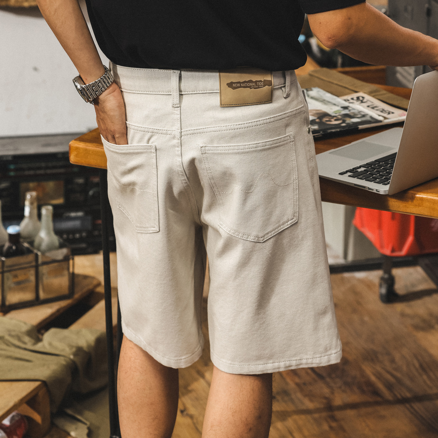 美式高級感白色牛仔短褲男夏季新款潮牌男士五分褲寬鬆休閒中褲潮