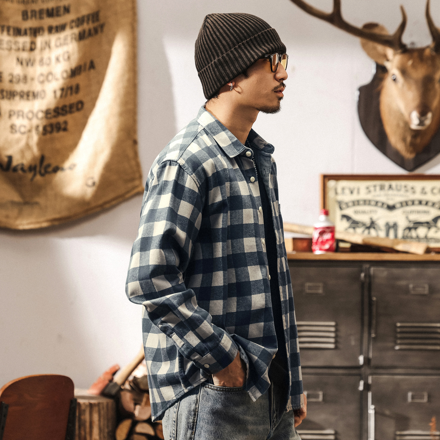 萊賽爾天絲靛藍洗褪格子襯衫男秋季美式潮牌新款寬鬆長袖襯衣外套