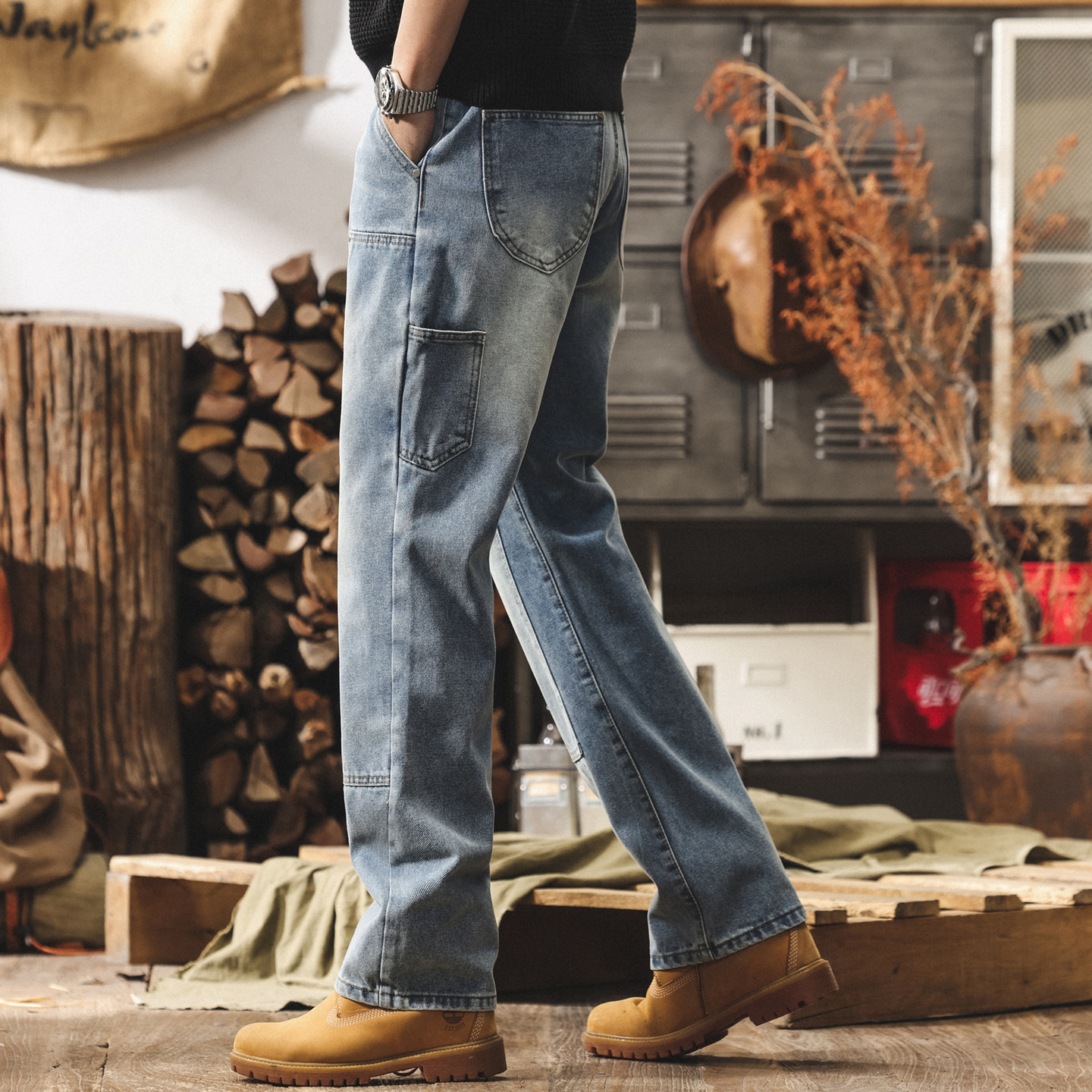 美式復古水洗牛仔褲男直筒春季潮牌工裝褲伐木工褲男士寬鬆休閒褲