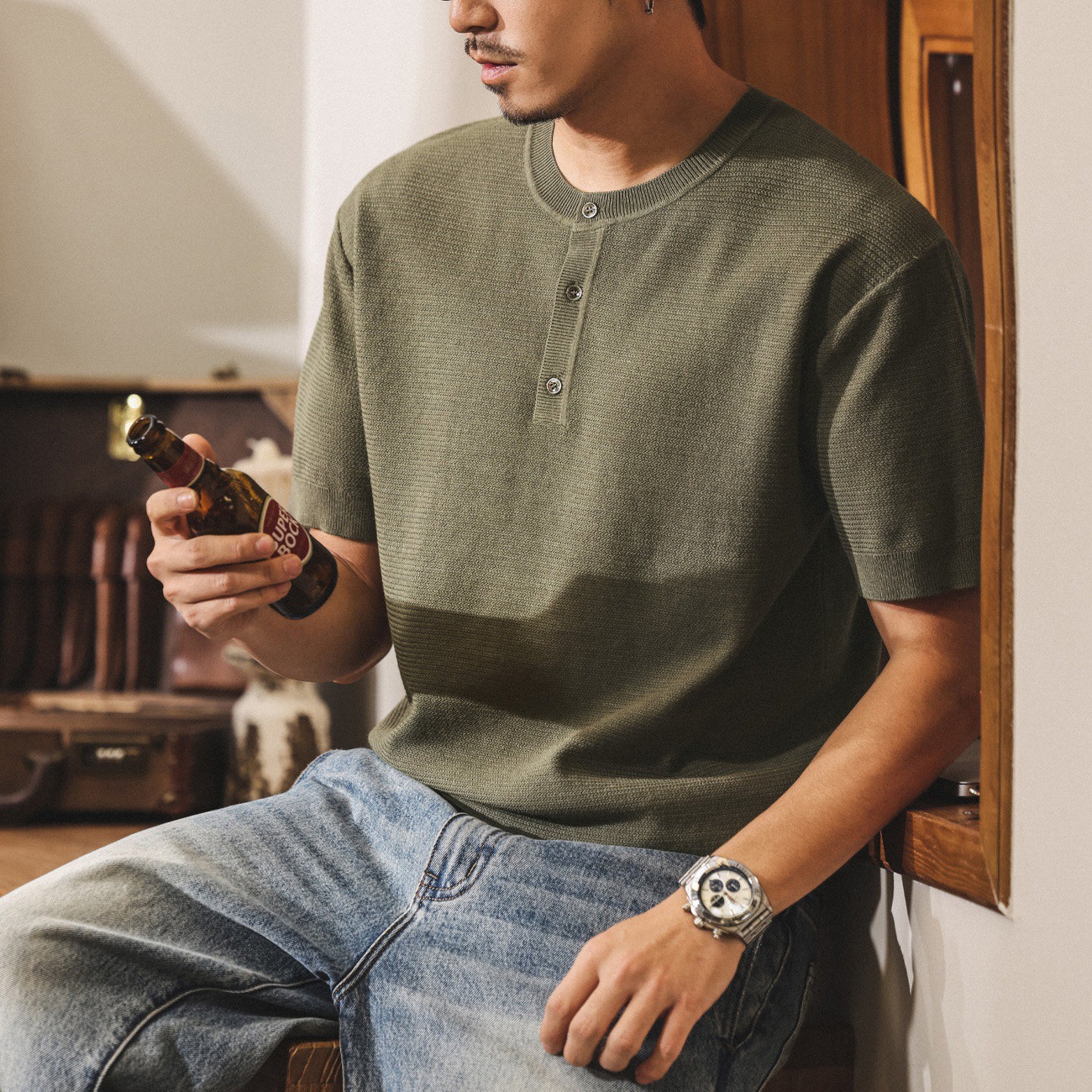 美式復古老錢風針織短袖Polo衫男夏季T恤新款寬鬆潮牌硬漢亨利衫