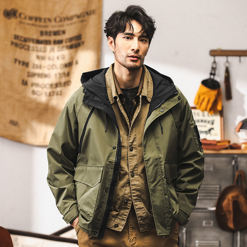 美式復古工裝外套男秋季山系戶外機能連帽衝鋒衣男士潮流休閒夾克