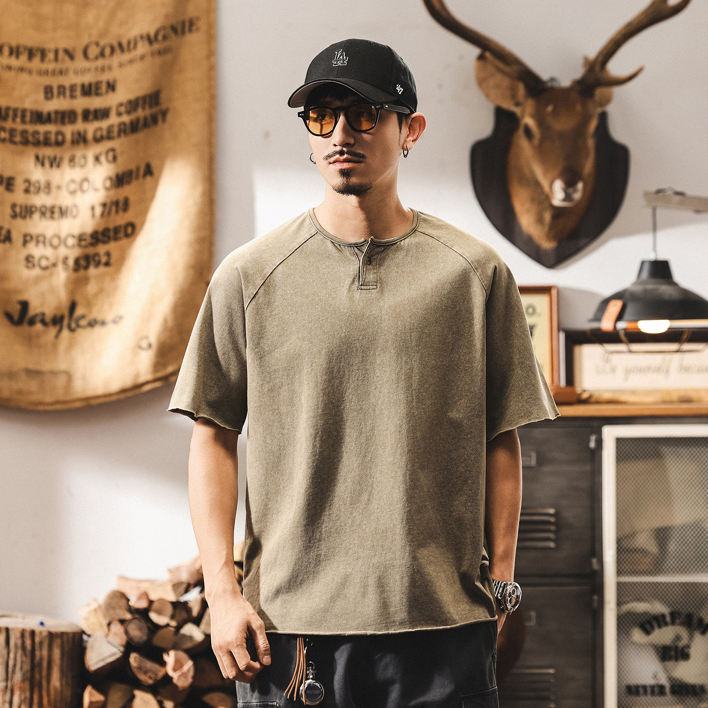 美式復古亨利領POLO衫男士短袖2025新款硬漢痞帥雪花水洗重磅T恤