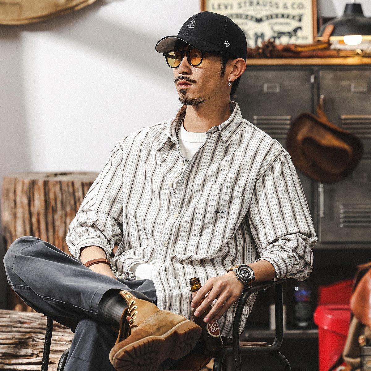 美式復古經典條紋襯衫男長袖2025秋季新款日系文藝風休閒上衣襯衣