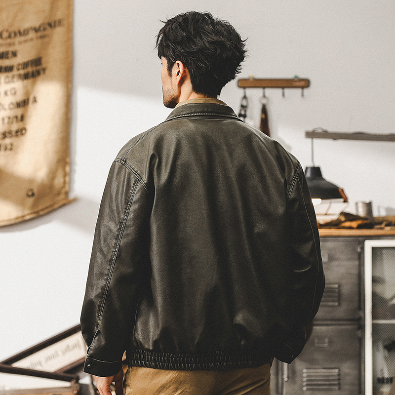 美式復古機車軟皮衣外套男秋季潮牌寬鬆硬漢痞帥男士休閒工裝夾克